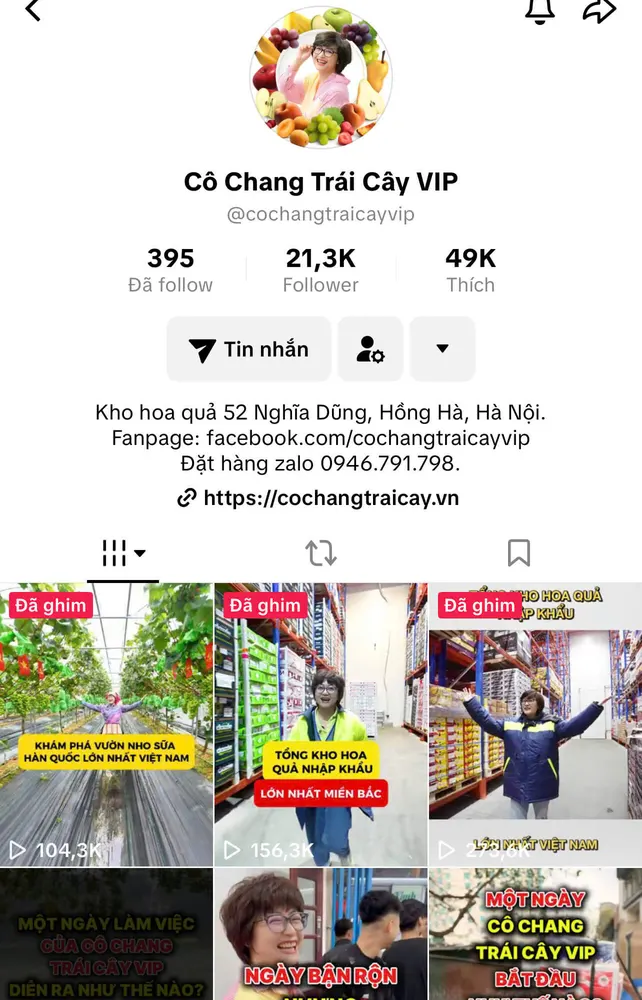 Kênh TikTok Cô Chang Trái Cây VIP
